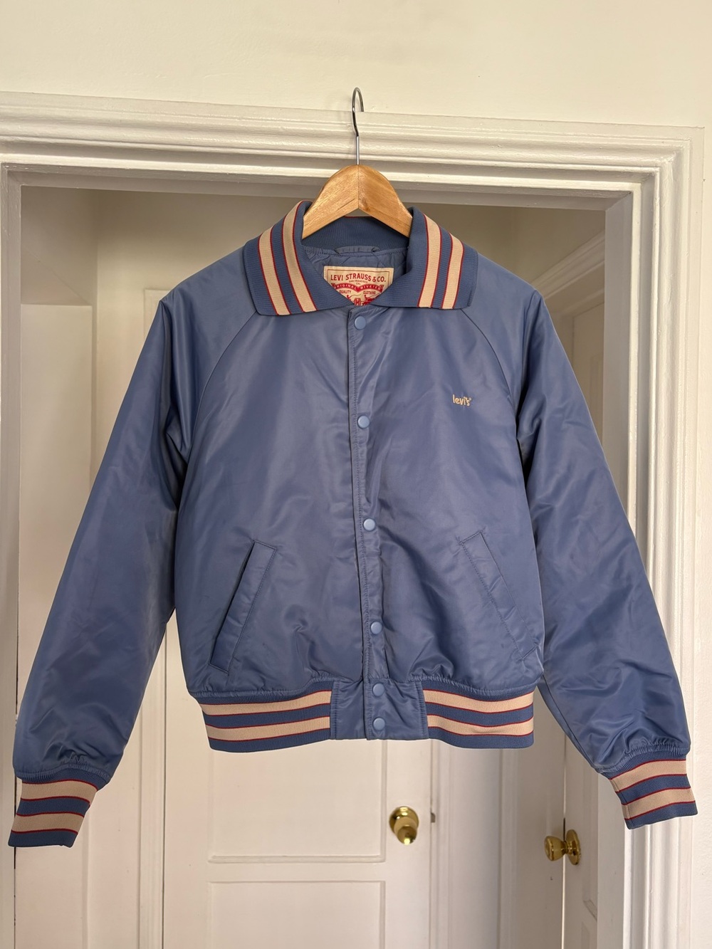 Levi's Slate Blue Bomber Jacket with Navy and Cream Striped Trim